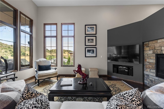 8000 Raphael Ln, Littleton, CO 80125 - living area featuring wood finished floors and a stone fireplace
