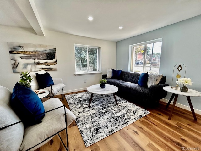 living room with hardwood / wood-style flooring and beam ceiling