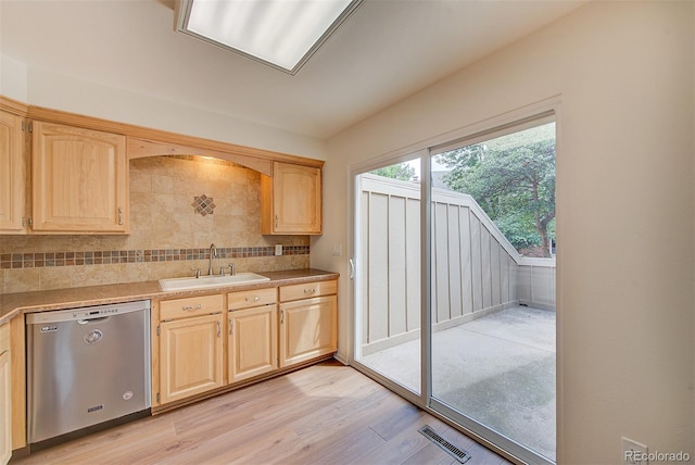 2713 W Long Dr Unit C, Littleton, CO 80120 - kitchen with stainless steel dishwasher, light brown cabinets, light wood-style flooring, backsplash, and light countertops