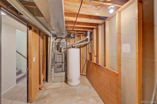 2713 W Long Dr Unit C, Littleton, CO 80120 - unfinished basement featuring water heater, stairway, and heating unit