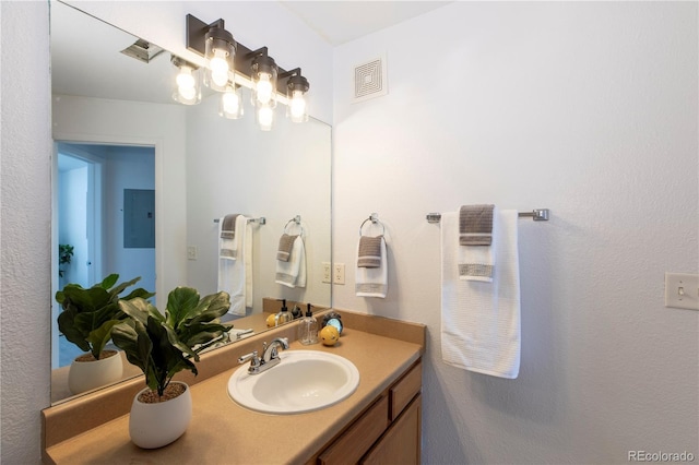 bathroom with electric panel, visible vents, and vanity