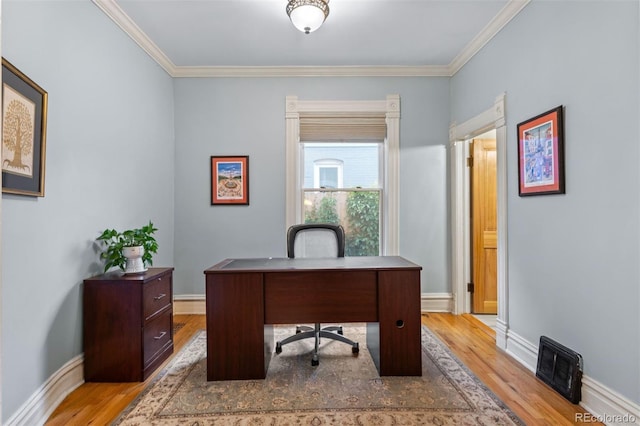 848 S Emerson St, Denver, CO 80209 - office area featuring wood finished floors, crown molding, and baseboards