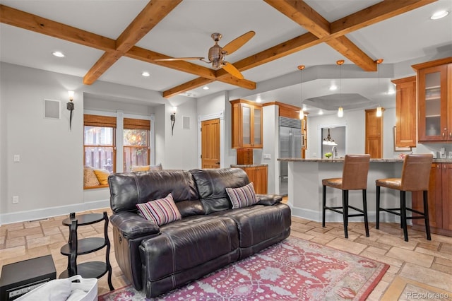 848 S Emerson St, Denver, CO 80209 - living room with coffered ceiling, recessed lighting, beamed ceiling, baseboards, and ceiling fan