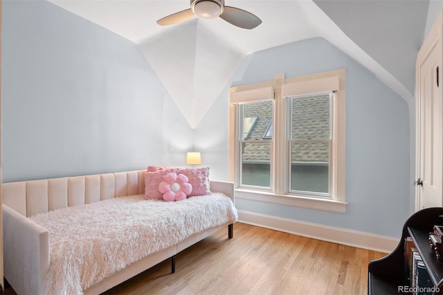 848 S Emerson St, Denver, CO 80209 - bedroom with vaulted ceiling, wood finished floors, baseboards, and ceiling fan