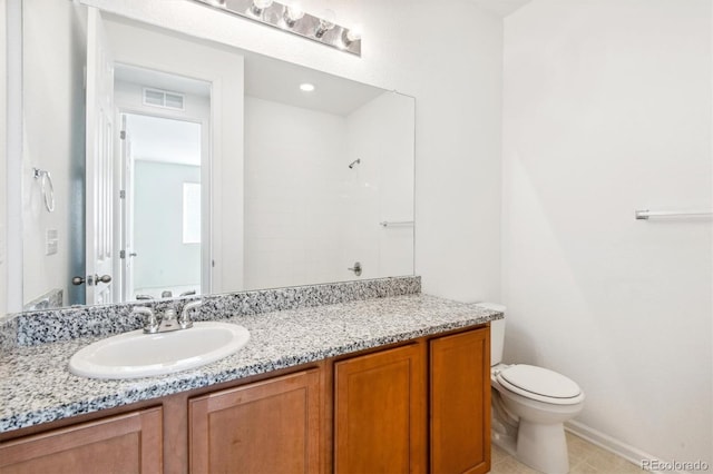 9674 Truckee St, Commerce City, CO 80022 - bathroom featuring toilet, tile patterned floors, visible vents, a shower, and vanity