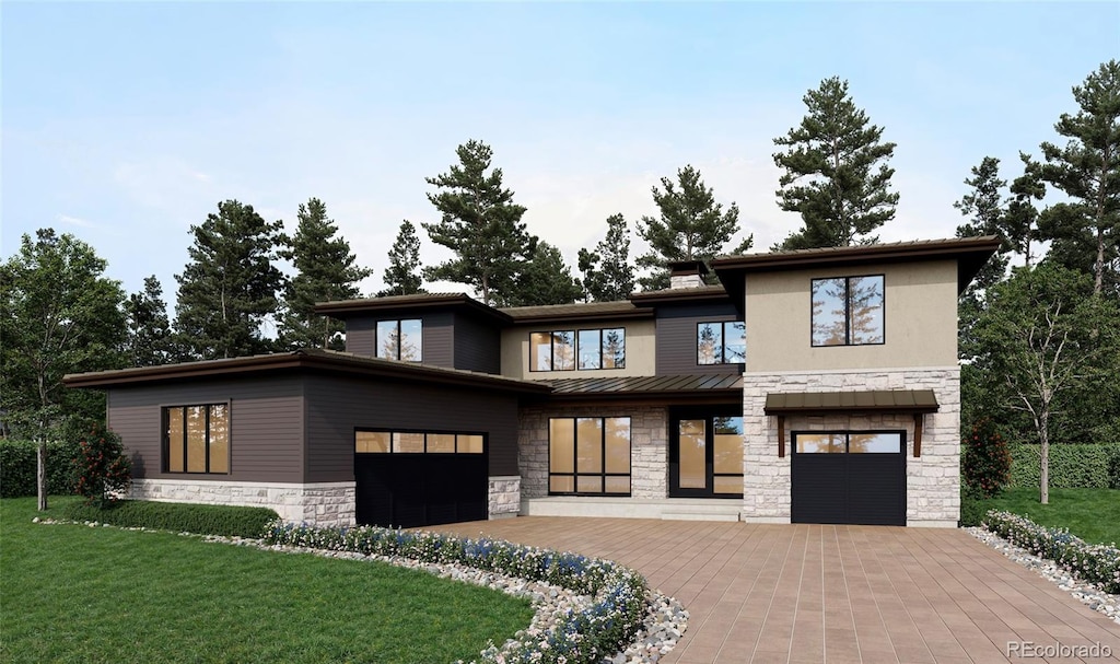 8011 Trinity Peak Ln, Castle Rock, CO 80108 - view of front of property featuring stone siding, a front lawn, and decorative driveway