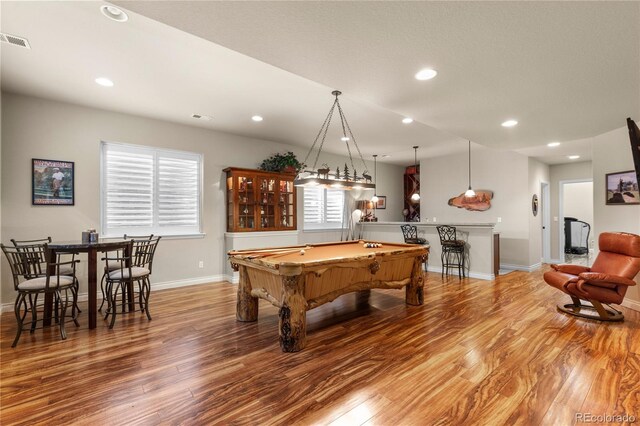 game room with recessed lighting, baseboards, visible vents, billiards, and wood finished floors