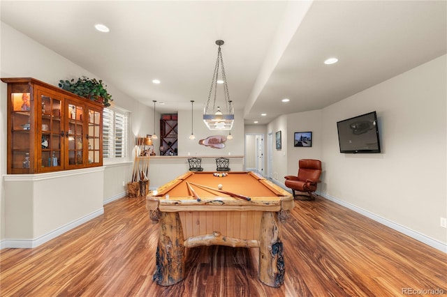 game room featuring baseboards, pool table, wood finished floors, and recessed lighting