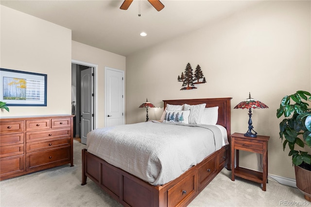 bedroom featuring recessed lighting, baseboards, light colored carpet, and ceiling fan