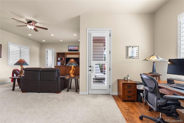 office area with carpet floors, baseboards, ceiling fan, and recessed lighting