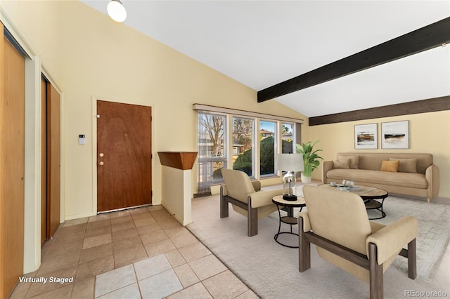 living area with light tile patterned floors, beamed ceiling, baseboards, and high vaulted ceiling