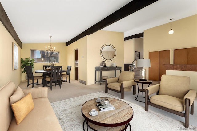 living room with light carpet, a notable chandelier, and vaulted ceiling with beams