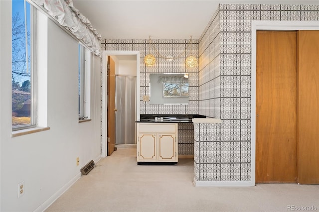 bar featuring visible vents, baseboards, and carpet flooring