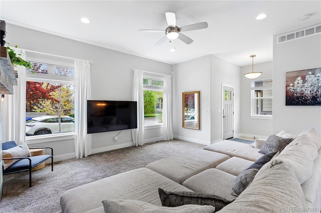 4589 Quandary Peak St, Brighton, CO 80601 - living room featuring carpet floors, a ceiling fan, and recessed lighting