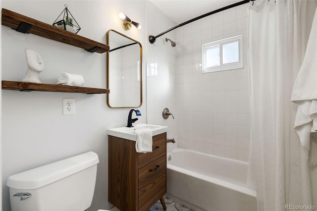 full bathroom with toilet, vanity, and shower / tub combo with curtain