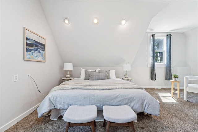 carpeted bedroom featuring lofted ceiling, baseboards, and recessed lighting