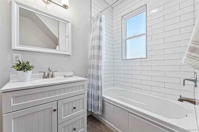 full bath with vanity and shower / bath combo with shower curtain