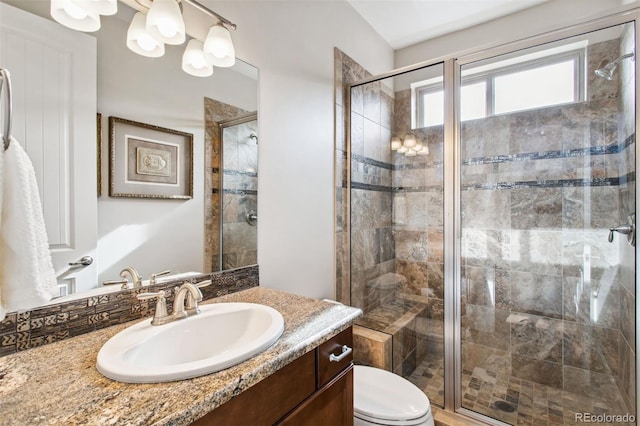 bathroom with toilet, a stall shower, and vanity