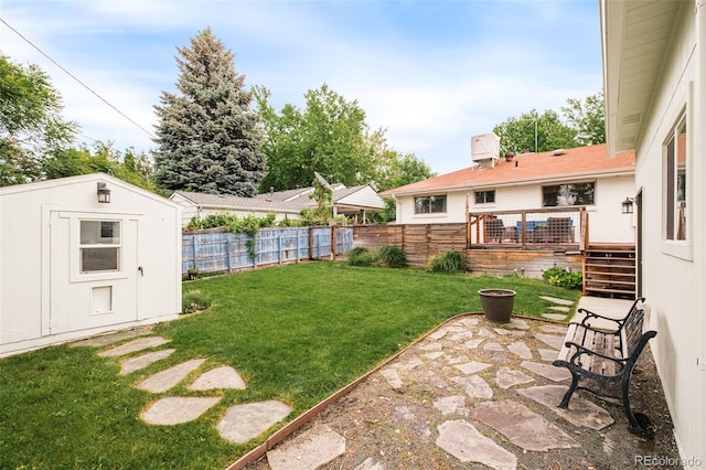5885 S Huron St, Littleton, CO 80120 - fenced backyard with a shed, a wooden deck, a patio area, and stairway