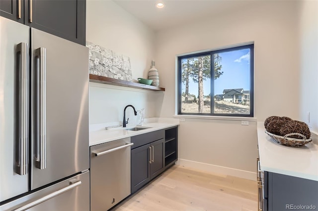 kitchen featuring appliances with stainless steel finishes, sink, and light wood-type flooring