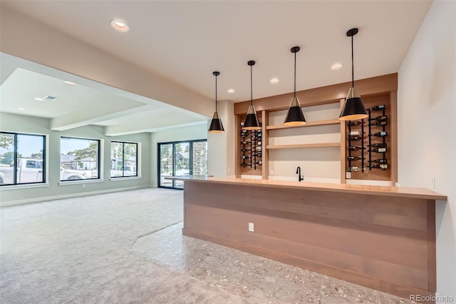 5820 Powell Rd, Parker, CO 80134 - indoor wet bar featuring recessed lighting, decorative light fixtures, carpet floors, and beam ceiling