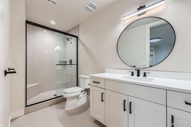 5820 Powell Rd, Parker, CO 80134 - bathroom featuring vanity, a stall shower, tile patterned floors, and recessed lighting