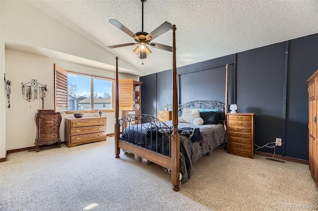 17076 Foxton Dr, Parker, CO 80134 - bedroom with carpet flooring, a textured ceiling, vaulted ceiling, and ceiling fan