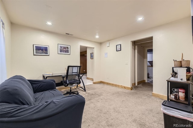 17076 Foxton Dr, Parker, CO 80134 - living room featuring light carpet, baseboards, and recessed lighting