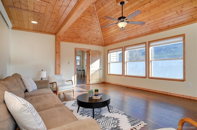 living area with a ceiling fan, vaulted ceiling, recessed lighting, wood ceiling, and hardwood / wood-style floors