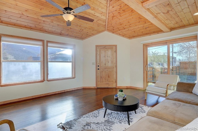 living room with baseboards, vaulted ceiling, a ceiling fan, wood ceiling, and wood finished floors