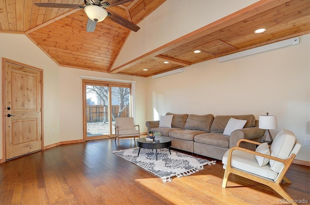 living room featuring ceiling fan, baseboards, wooden ceiling, and wood finished floors