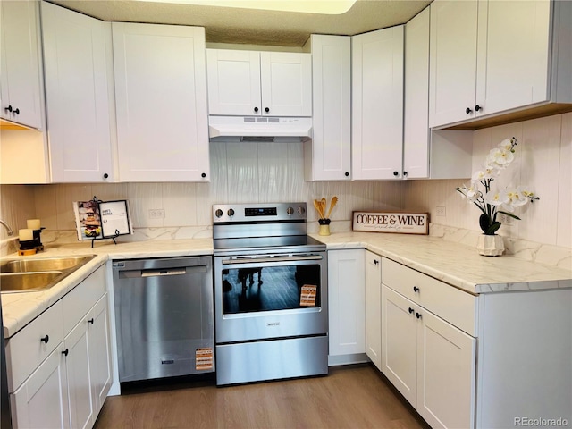 755 S Alton Way Unit 12C, Denver, CO 80247 - kitchen with appliances with stainless steel finishes, under cabinet range hood, a sink, white cabinetry, and wood finished floors