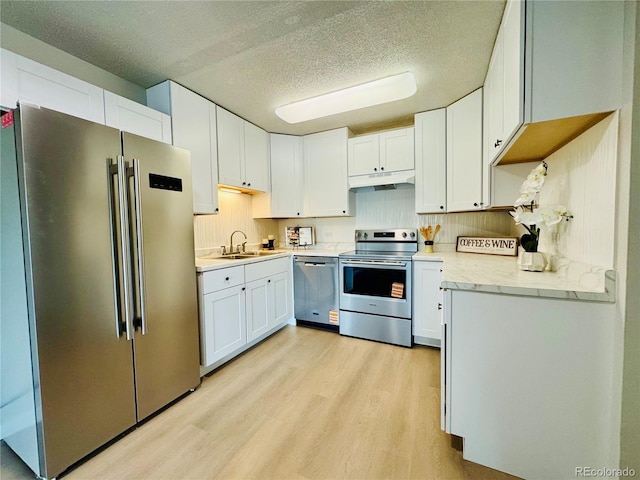 755 S Alton Way Unit 12C, Denver, CO 80247 - kitchen with appliances with stainless steel finishes, under cabinet range hood, a sink, light wood-style floors, and a textured ceiling