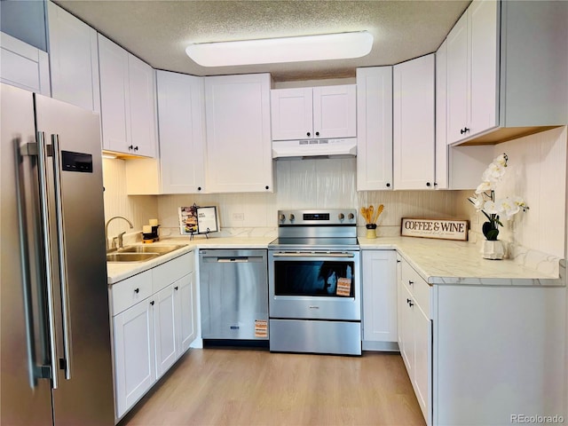 755 S Alton Way Unit 12C, Denver, CO 80247 - kitchen featuring stainless steel appliances, a sink, under cabinet range hood, light wood-type flooring, and white cabinets