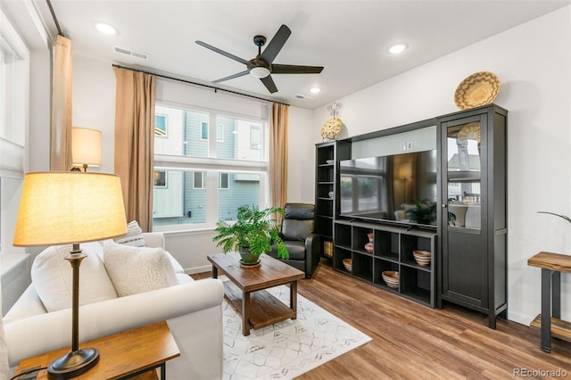 living room featuring ceiling fan and hardwood / wood-style floors