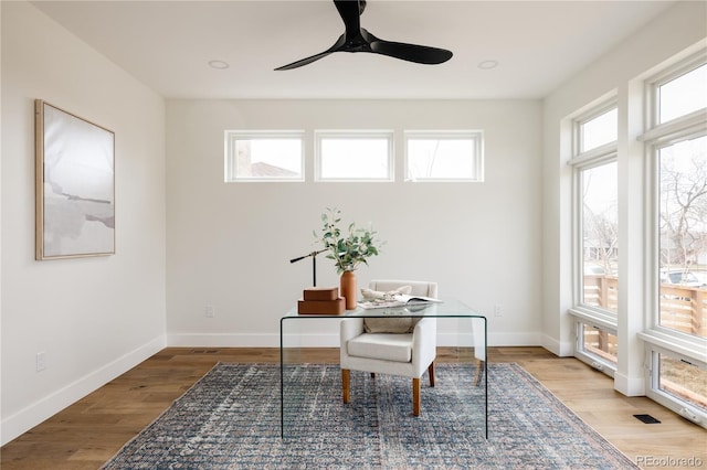 home office with light hardwood / wood-style floors, a wealth of natural light, and ceiling fan