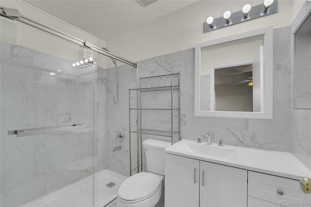 11091 Clayton St, Northglenn, CO 80233 - bathroom with vanity, a marble finish shower, and ceiling fan