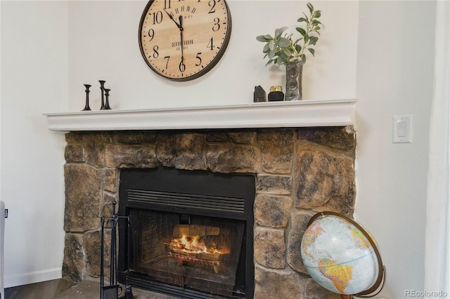 details featuring baseboards and a stone fireplace