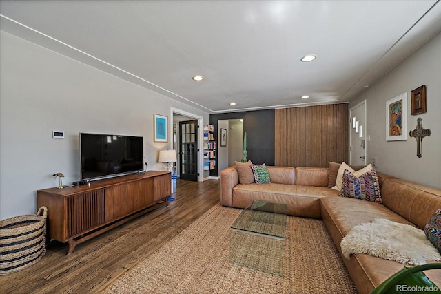 living room with dark wood-type flooring