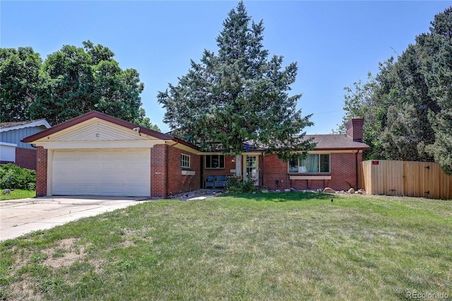 233 Nome St, Aurora, CO 80010 - single story home with a chimney, brick siding, concrete driveway, and a garage