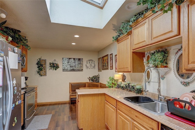 233 Nome St, Aurora, CO 80010 - kitchen featuring stainless steel appliances, a skylight, dark wood-style flooring, a peninsula, and recessed lighting