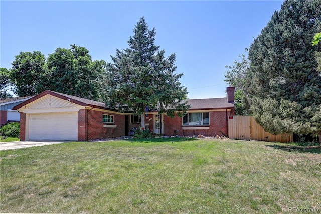 233 Nome St, Aurora, CO 80010 - ranch-style home featuring a garage, brick siding, a chimney, and driveway