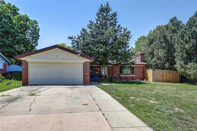 233 Nome St, Aurora, CO 80010 - ranch-style home with concrete driveway, brick siding, a garage, and a chimney