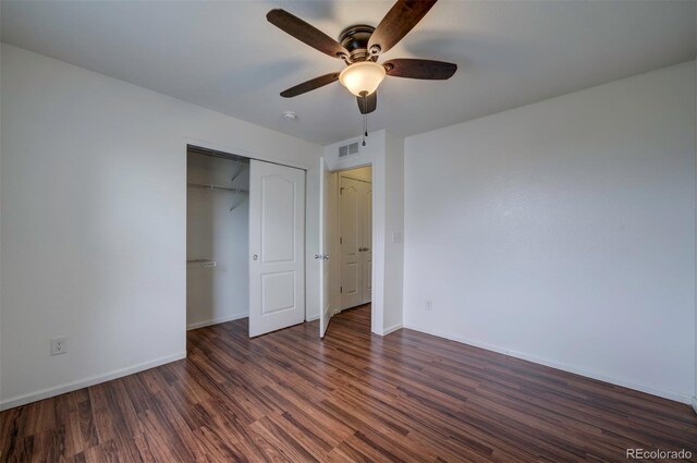 19249 E 58th Ave Unit D, Denver, CO 80249 - unfurnished bedroom with wood finished floors, baseboards, a closet, and a ceiling fan