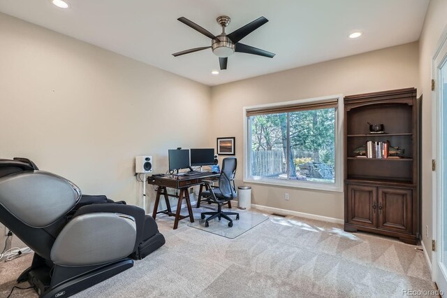 5461 S Youngfield Ct, Littleton, CO 80127 - carpeted home office featuring baseboards, ceiling fan, and recessed lighting