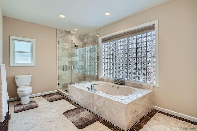 5461 S Youngfield Ct, Littleton, CO 80127 - full bathroom featuring a shower stall, baseboards, a tub with jets, toilet, and recessed lighting