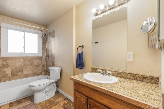 bathroom featuring tub / shower combination, baseboards, toilet, and vanity