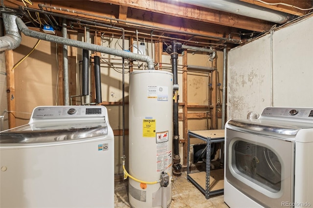 laundry area featuring laundry area, water heater, and washer and clothes dryer