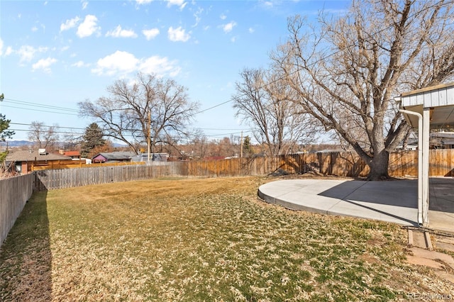 view of yard featuring a patio and a fenced backyard