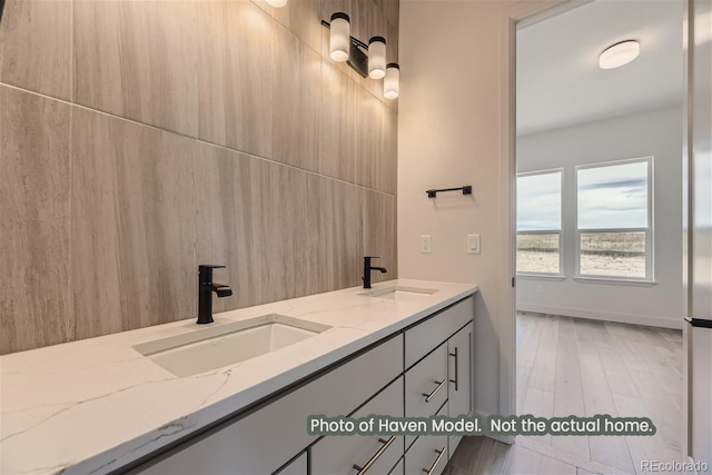 bathroom with vanity and wood-type flooring